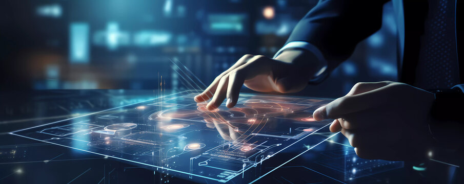 Digital technology, internet network connection, big data, digital marketing IoT internet of things. Man using modern computer surfing internet futuristic innovative technology background
