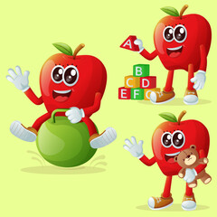 Cute apple characters playing with kid toys