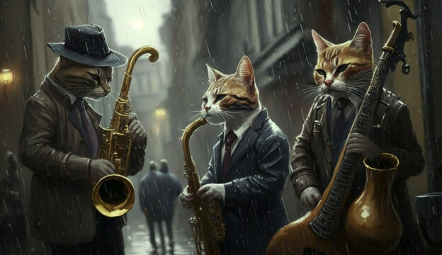 Drei Katzen spielen Musikinstrumente auf der Stra&szlig;e