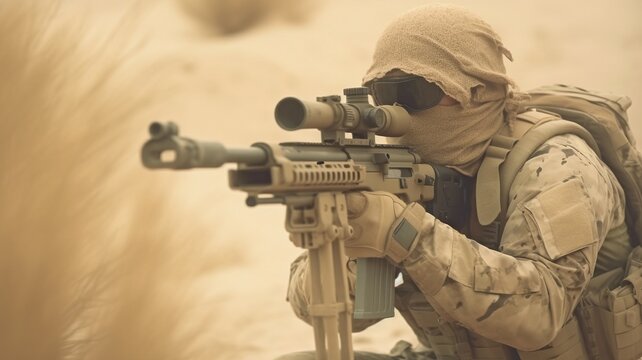 a sniper concealed in camouflage gear amid a sandstorm. GENERATE AI