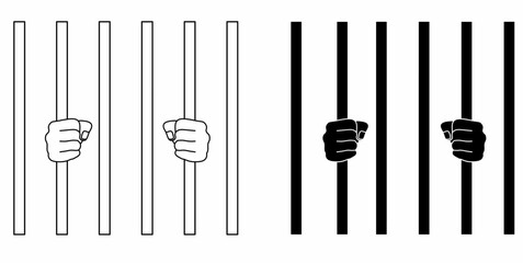 human hands behind bars vector illustration.outline silhouette Hands holding prison bars icon set isolated on white background - obrazy, fototapety, plakaty