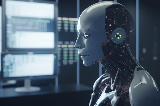 Close-up of a humanoid robot's face