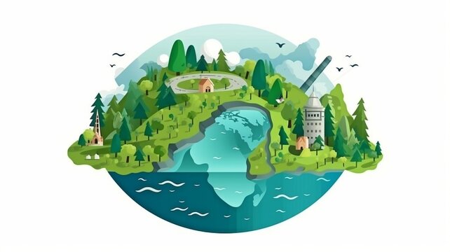 The surface of the world has a green landscape. Save the environment, solar panels, and eco-friendly homes by saving the Earth Day vector graphic. The Generative AI