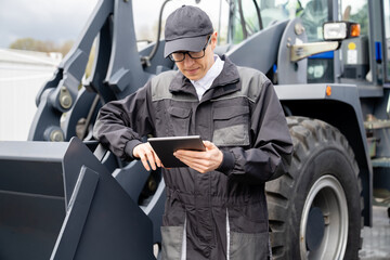 Serviceman with digital tablet on a background of the tractor 
