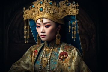 Fototapeta na wymiar A portrait of a gracefully poised Asian woman, dressed in a lavish and intricate outfit with intricate accessories, exuding elegance and refinement. generative AI