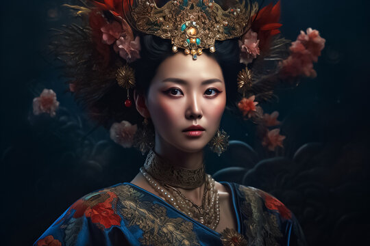 A portrait of a gracefully poised Asian woman, dressed in a lavish and intricate outfit with intricate accessories, exuding elegance and refinement. generative AI
