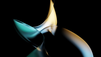 Abstract dark holographic iridescent neon background fluid liquid glass curved wave in motion 3d render. Gradient design element for banners, backgrounds, wallpapers and covers.