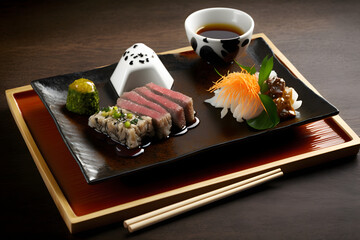 Fototapeta na wymiar beef set in japanese restaurant, food served on the table