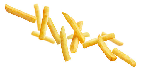 Flying delicious potato fries, cut out