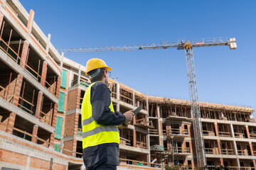 Engineer with a digital tablet on the background of a building under construction	