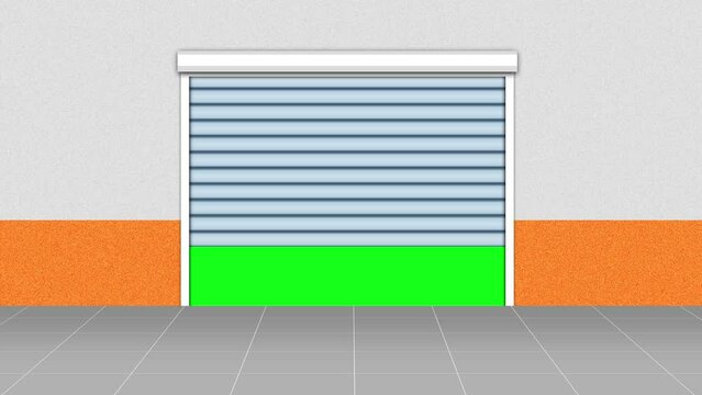 Shutter lifts up to show chromakey on white and orange wall