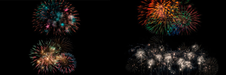 A large set of multi-colored fireworks on a black background. overlay. New Year's Eve. Fireworks fly in all directions. Generative AI. fireworks