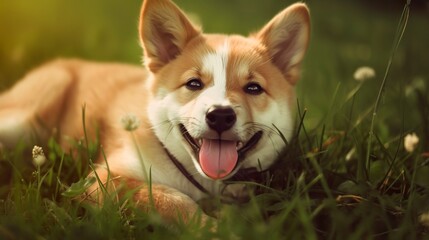  Cute puppy playing in the grass, Generative AI