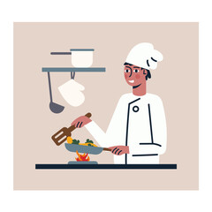 Cartoon character of man in uniform cooking in restaurant