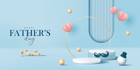Father's day banner for product demonstration. White pedestal or podium with mustache, pearls and flying hearts on blue background.