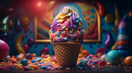 Colourful ice cream in a cone with lots of sweets, Generative AI