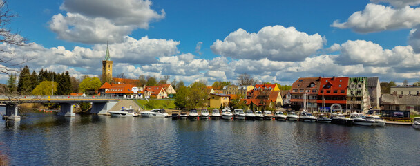 panoramic view of embankment  in Mikolajki resort town, Warmia Masuria Province. Mikolajki, Poland