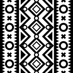 Seamless vector pattern. Black and white geometrical background with tribal motifs. Print with ethnic, folk, traditional motifs. Graphic vector illustration.
