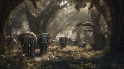 Fototapeta na wymiar Wildlife Wonders: Cinematic Journey of a Majestic Elephant Family Through a Towering Forest in Asia- Stunning Detail and Color Graded Footage, Generative ai