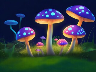 A cluster of vibrant mushrooms perched atop a luxuriant green field beneath a deep purple sky. 
