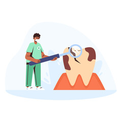 Cartoon character of young black dentist examining tooth with caries