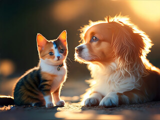 Fototapeta na wymiar A small dog and a cat are sitting on the ground together, with a bokeh background. Generative AI.