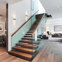 Image of stylish staircase in bright house interior created with Generative AI technology.