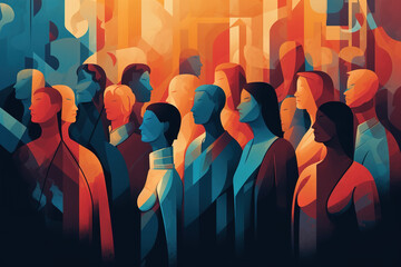 Inclusion, diversity, society abstract concept illustration. Faceless multicolored crowd of men and a woman. Generative AI - obrazy, fototapety, plakaty