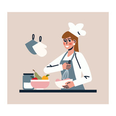 Cartoon character of young woman in uniform mixing ingredients