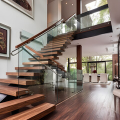 A contemporary interior design element featuring glass fencing and wooden stairs created with Generative AI technology.