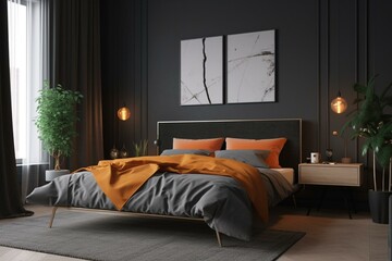 Scandinavian dark gray bedroom mockup with bright orange, red, and green accents. Bed against empty wall. 3D rendered high-quality illustration. Generative AI