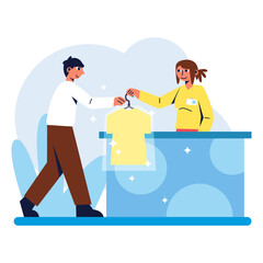 Set of colored cartoon characters of young people engaged in dry cleaning