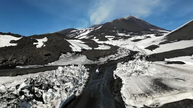 Volcano Etna eruption Aerial 4K drone View of the inside South Eastern Crater of Mount In Sicily, Italy