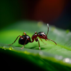 Macro Black garden ants on the mango leaf feeding on the egg of insect created with Generative AI technology.