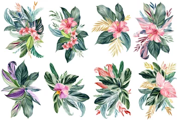Deurstickers Set tropical leaves on isolated white background, watercolor botanical painting, Exotic flowers. Vintage floral © Hanna
