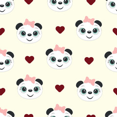 Seamless childish pattern with cute cartoon panda and red heart on yellow background.