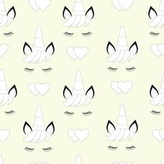 Seamless children's pattern with a unicorn on a yellow background.
