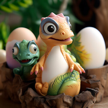 Cute Baby Dino In Egg Cartoon Illustration. Animal Nature Icon Concept created with Generative AI technology.