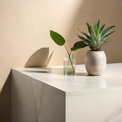 Minimal empty white marble stone counter table top, green tree in sunlight, leaf shadow on beige brown stucco cement wall for luxury organic cosmetic, with abstract elements