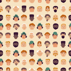 Seamless Pattern with different funny faces, portraits, characters, people, human. Diversity, nationality. 