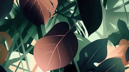 Green and brown tropical leaves illustration. Generative AI technology.