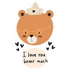 I love you beary much. Cartoon cute bear, hand drawing lettering, hearts, decor elements. Colorful  illustration for children. baby design for print in the nursery, poster decoration, cards