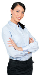 Businesswoman leaning back slightly with her arms crossed