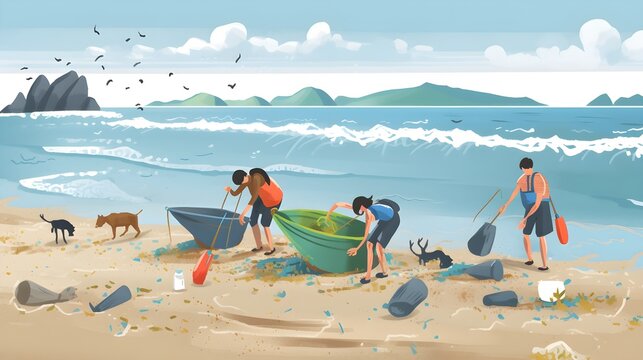 Volunteers cleaning a beach from plastic pollution - illustration