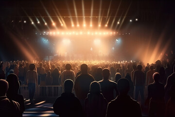 Fototapeta na wymiar Massive crowd on music concert with stage lights on the background. Digitally generated ai image