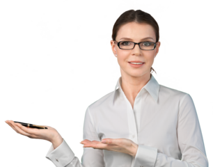 Businesswoman With Glasses Presenting Pen Close-up - Isolated