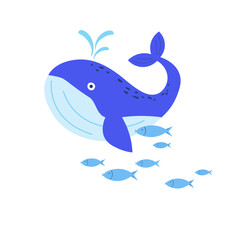 Whale and fish. Illustration of sea animals underwater. World Mammal Day protection of whales , day of  oceans, protection and rescue of sea creatures.. Hand drawn .Cartoon flat illustration. 