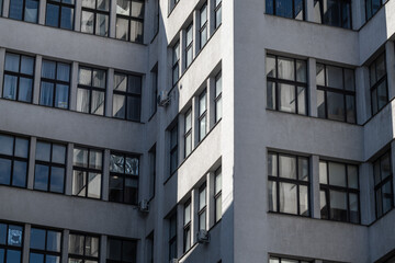 Derzhprom building facade pattern close-up in Kharkiv city center, Ukraine. Office sky-scraper walls details view