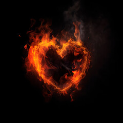 Fire heart isolated on black background created with Generative AI technology.