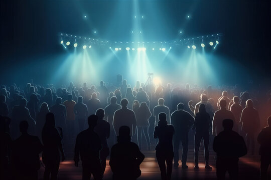 Massive crowd on music concert with stage lights on the background. Digitally generated ai image